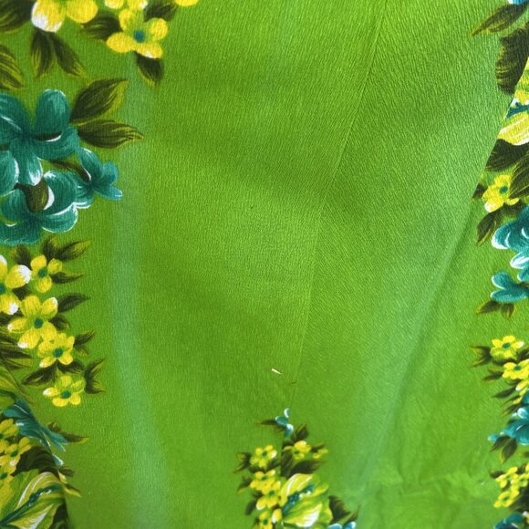 Hawaiian Togs Vintage Green Floral Barkcloth V Neck Draped Back Tiki Maxi Dress - Picture 3 of 14